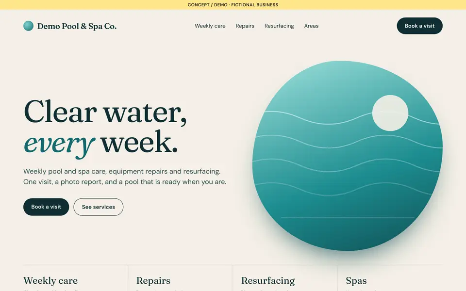 Concept / demo: homepage for the fictional Demo Pool & Spa Co., airy serif type with a single booking button